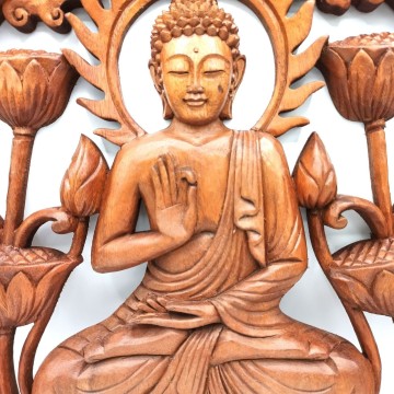 Vyrezávaný Drevený Obraz - Budha a Lotus 40cm
