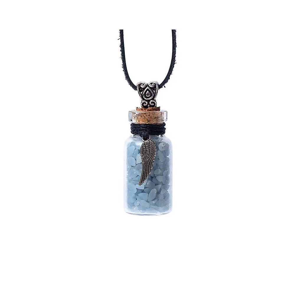 Sklenená fľaštička na koženej šnúrke - angelit s anjelským krídlom
