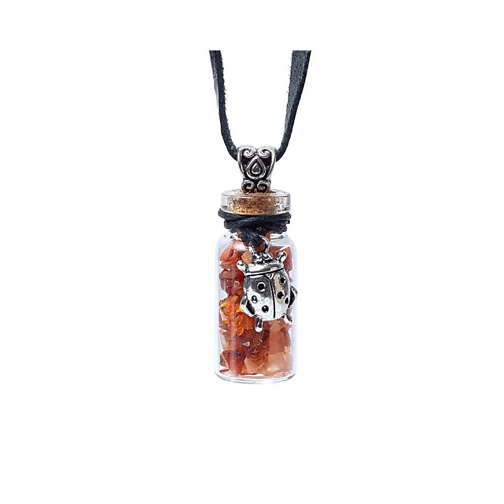 Sklenená fľaštička na koženej šnúrke - karneol s lienkou