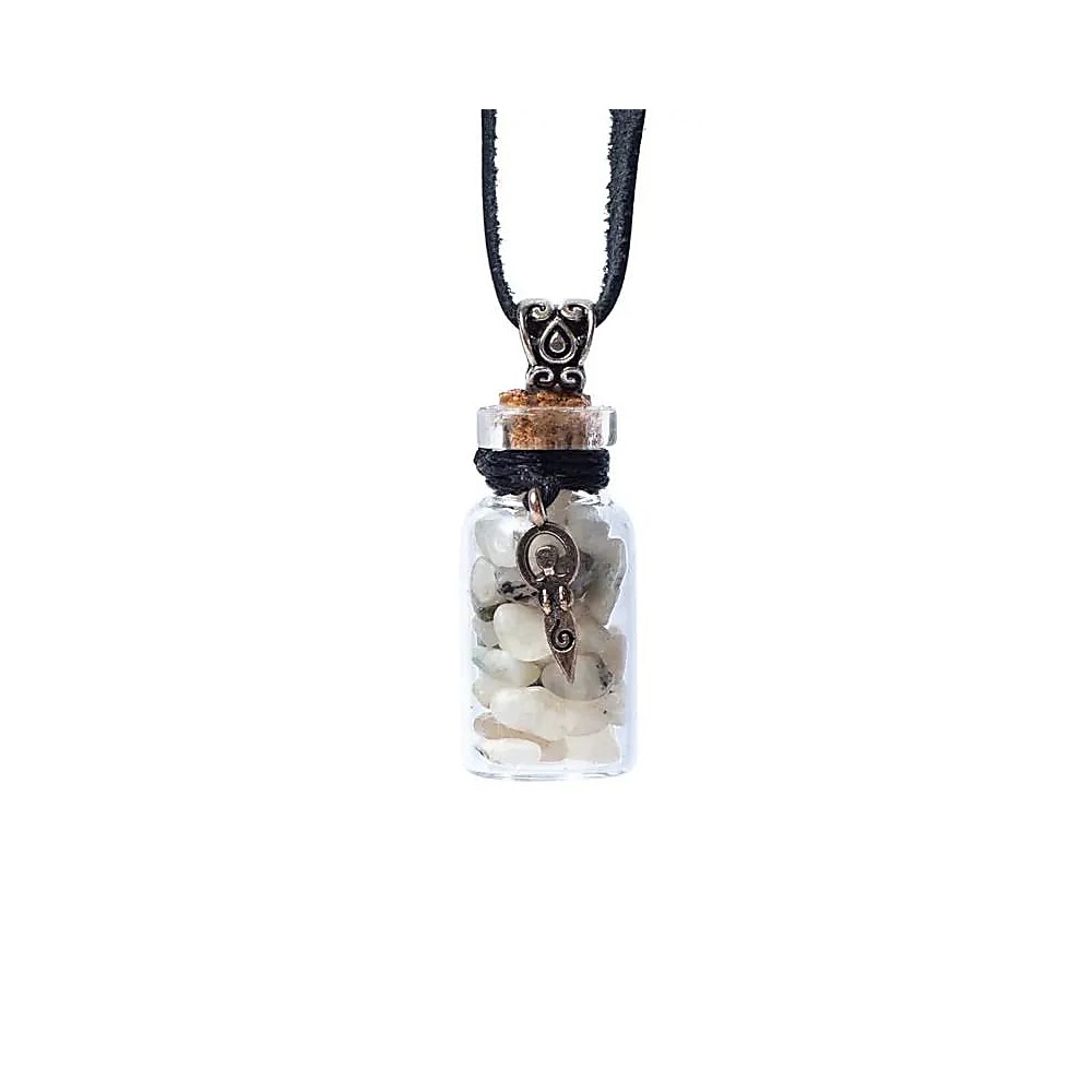 Sklenená fľaštička na koženej šnúrke - mesačný kameň so symbolom bohyne