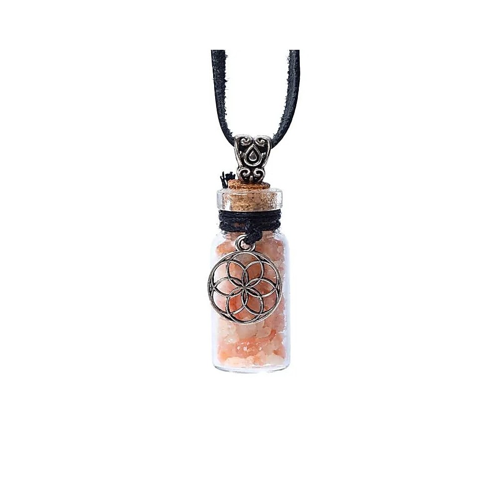 Sklenená fľaštička na koženej šnúrke - slnečný kameň so symbolom života