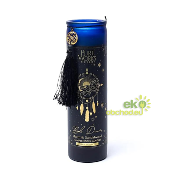 Manifestačná sviečka Boho Dreams v skle so strapcom - myrha a santálové drevo