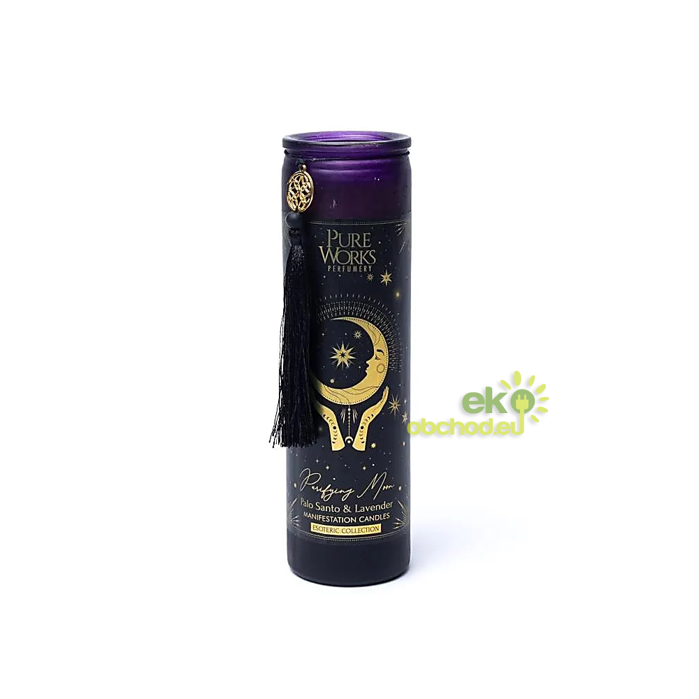 Manifestačná sviečka Purifying Moon v skle so strapcom - Palo Santo a levanduľa