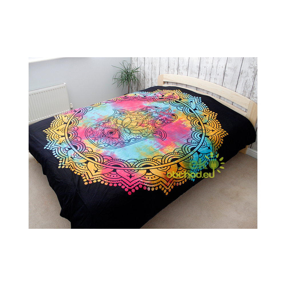 Dvojlôžková bavlnená prikrývka na posteľ - Čierna Hamsa