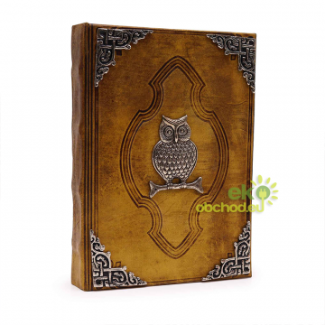 Kožený zápisník z Hrubej Kože, Zinkový Dekor, Sova s Ozdobným Okrajom