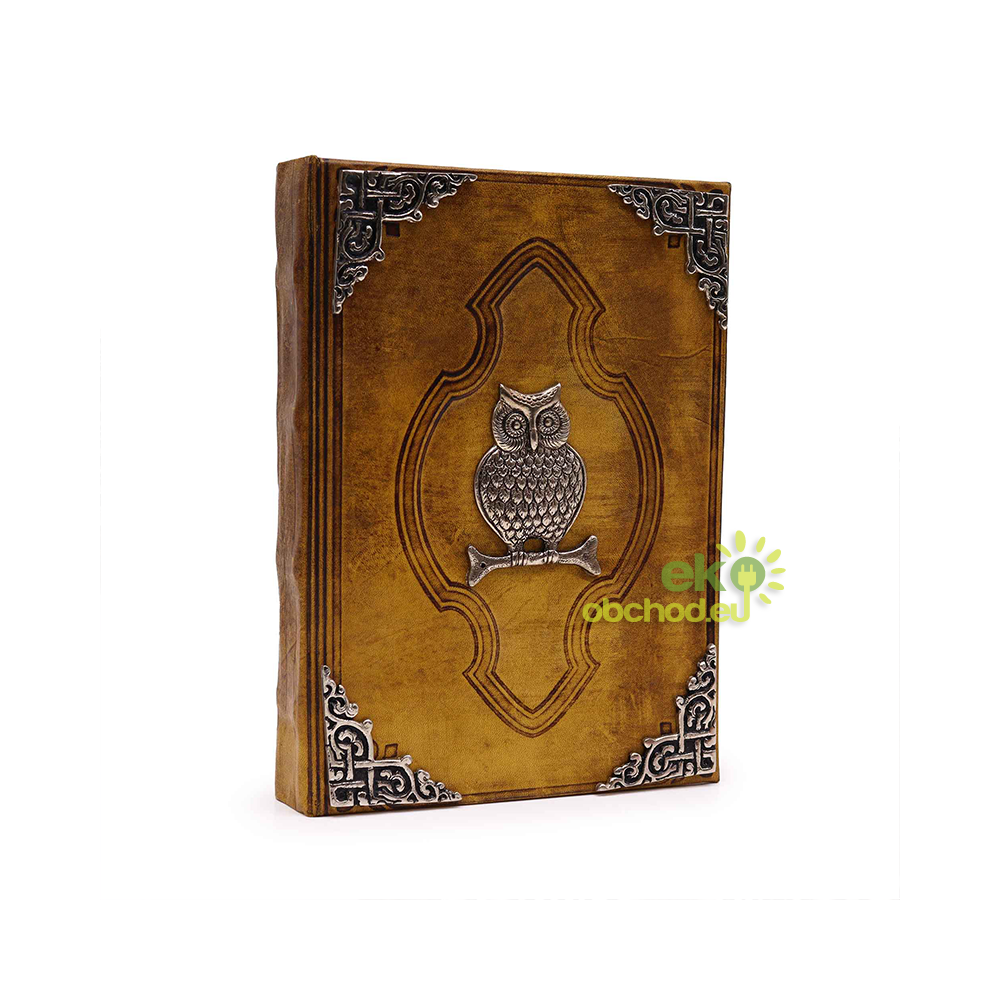 Kožený zápisník z Hrubej Kože, Zinkový Dekor, Sova s Ozdobným Okrajom