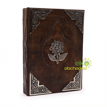 Kožený zápisník z Hrubej Kože, Zinkový Dekor, Ruža s Ozdobným Okrajom