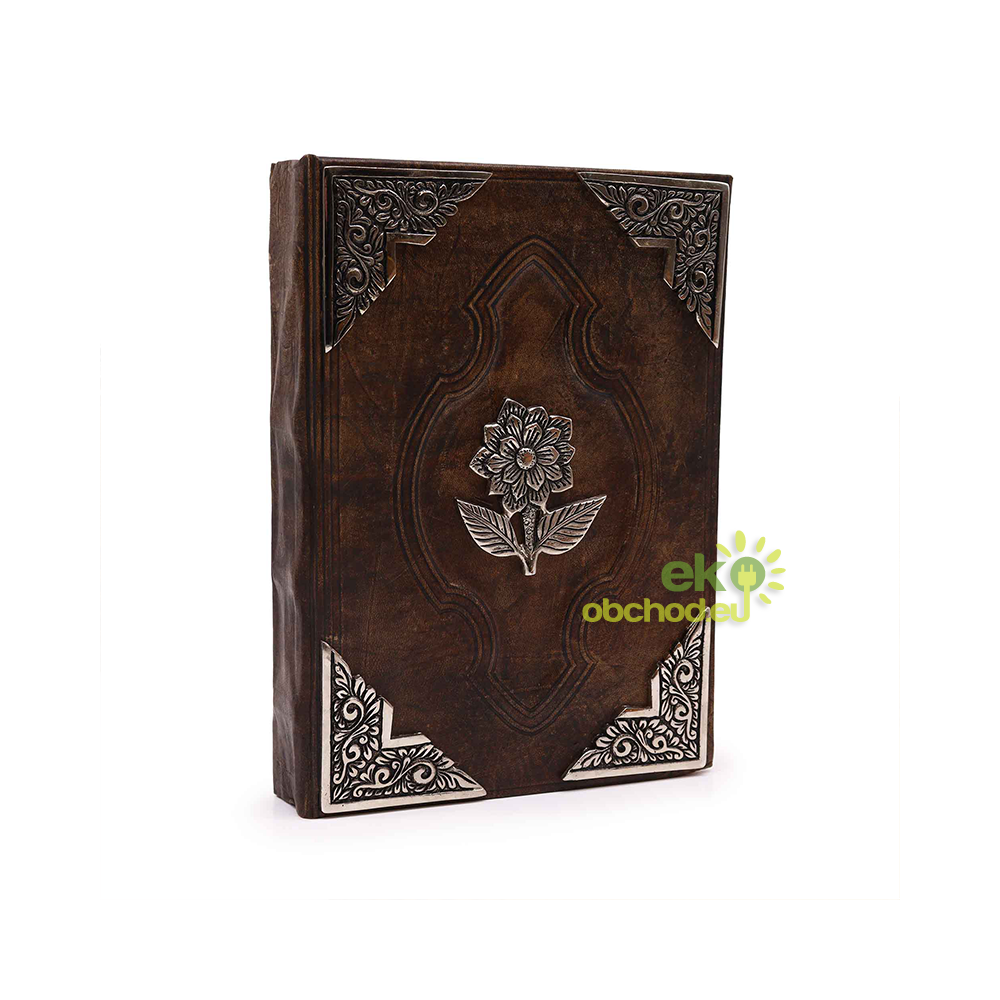 Kožený zápisník z Hrubej Kože, Zinkový Dekor, Ruža s Ozdobným Okrajom