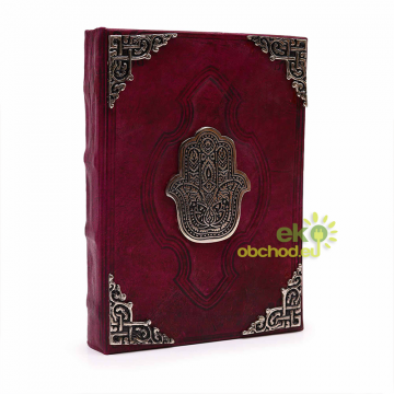 Červený Kožený zápisník z Hrubej Kože, Zinkový Dekor, Hamsa s Ozdobným Okrajom