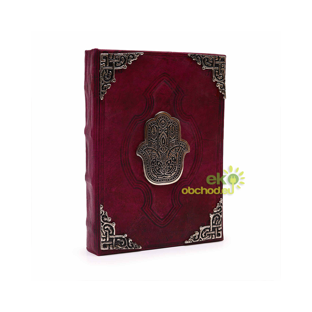 Červený Kožený zápisník z Hrubej Kože, Zinkový Dekor, Hamsa s Ozdobným Okrajom