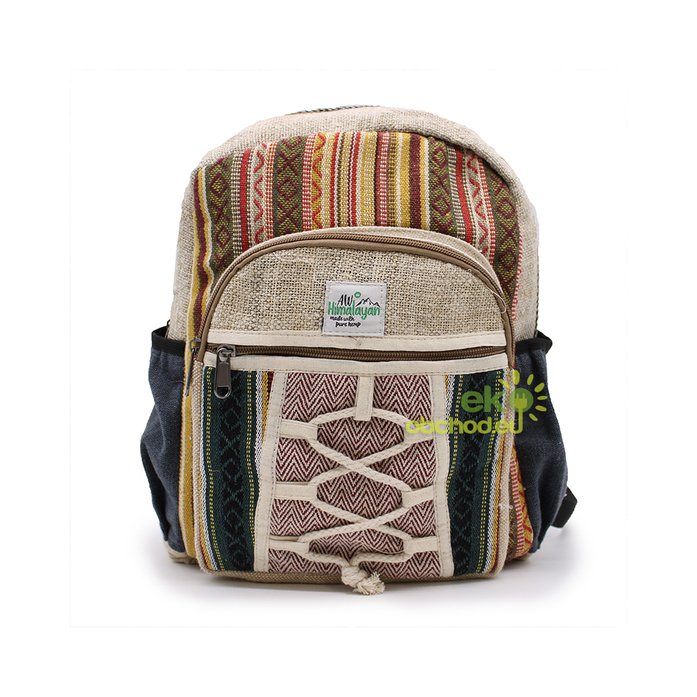 Malý Konopný batoh s vreckami, vzorovaný