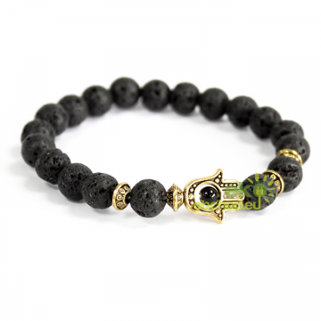 Boho náramok z Lávového kameňa - Zlatá Hamsa