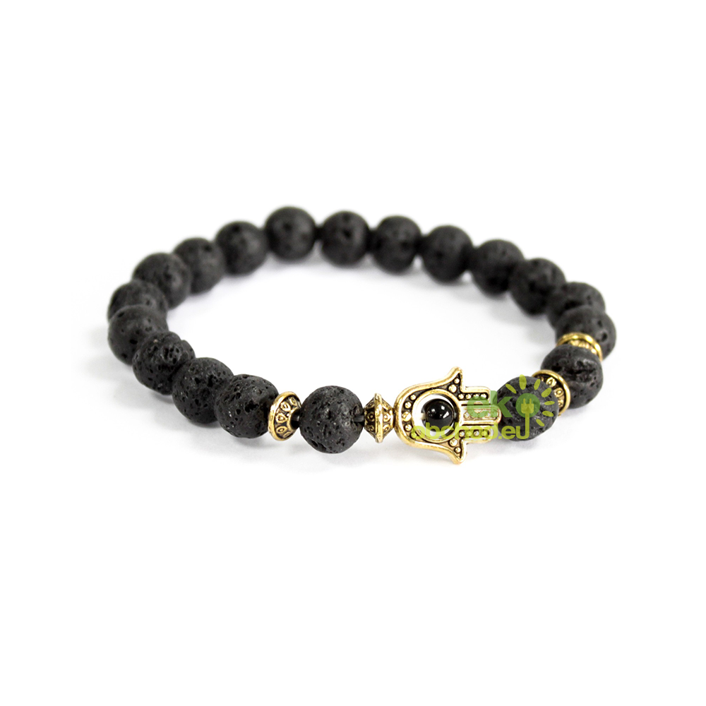 Boho náramok z Lávového kameňa - Zlatá Hamsa