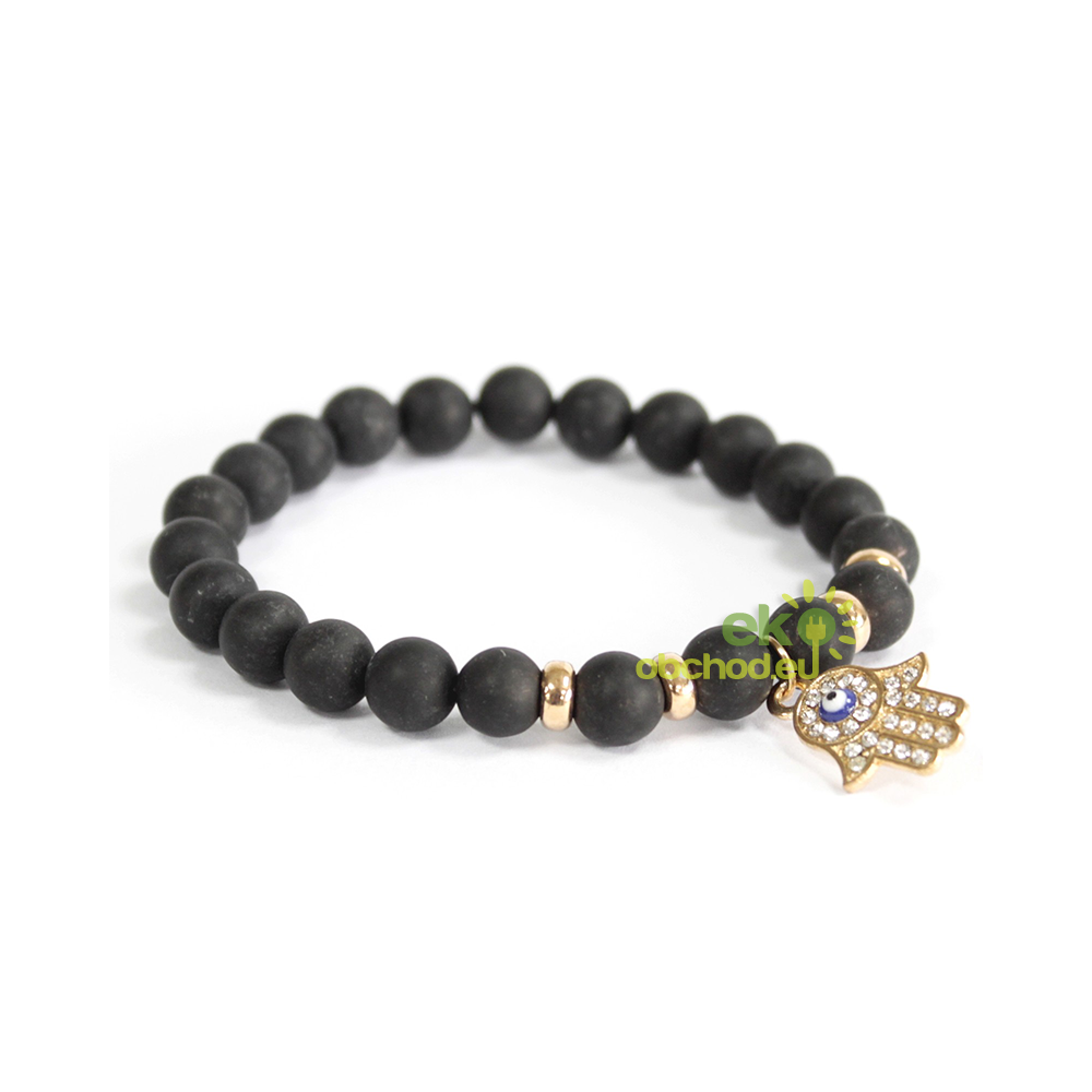Boho náramok z čierneho Achátu - Hamsa