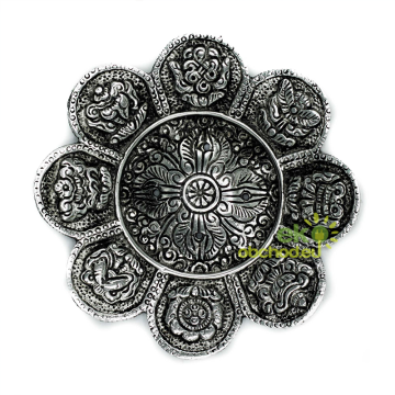Stojan na Vonné Tyčinky z Lešteného Hliníka s Tibetskými Symbolmi, 12 cm