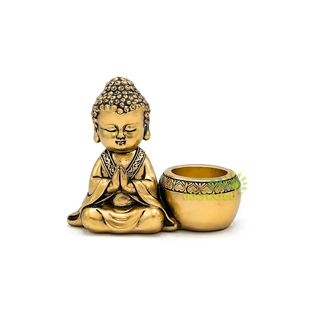 Svietnik na čajové sviečky meditujúci Budha naľavo, zlatá