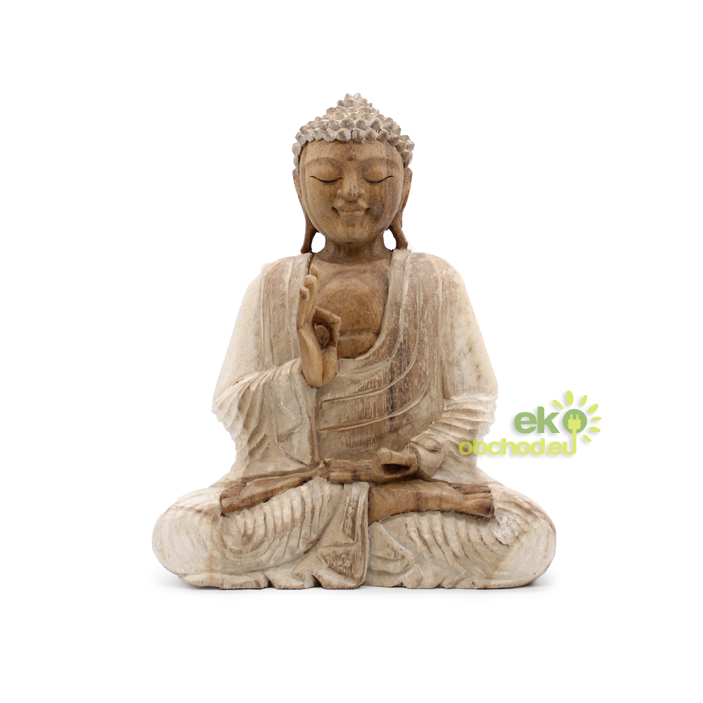 Ručne Vyrezávaná Socha Budhu - 30cm Prenos Výučby - Biela Vymývaná
