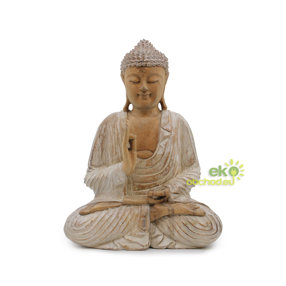 Ručne Vyrezávaná Socha Budhu - 40cm Prenos Výučby - Biela Vymývaná