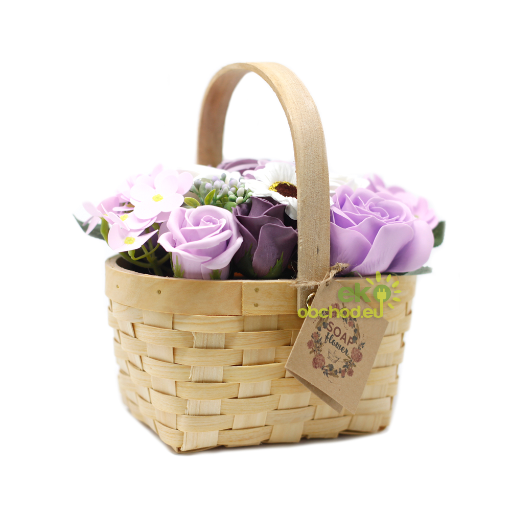 Veľká mydlová kytica v prútenom koši - Fialová