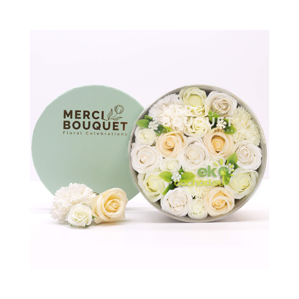 Okrúhly Box - mydlové kvety - Svadba – Biely a Ivory