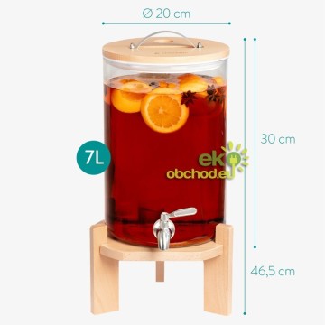 7 litrový sklenený zásobník na nápoje s kohútikom a bukovým stojanom