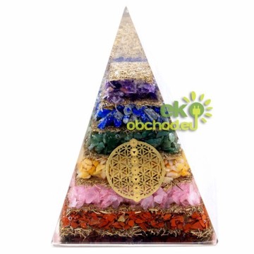 Orgonitová pyramída – Sedem Čakier s kvetom života - 15cm