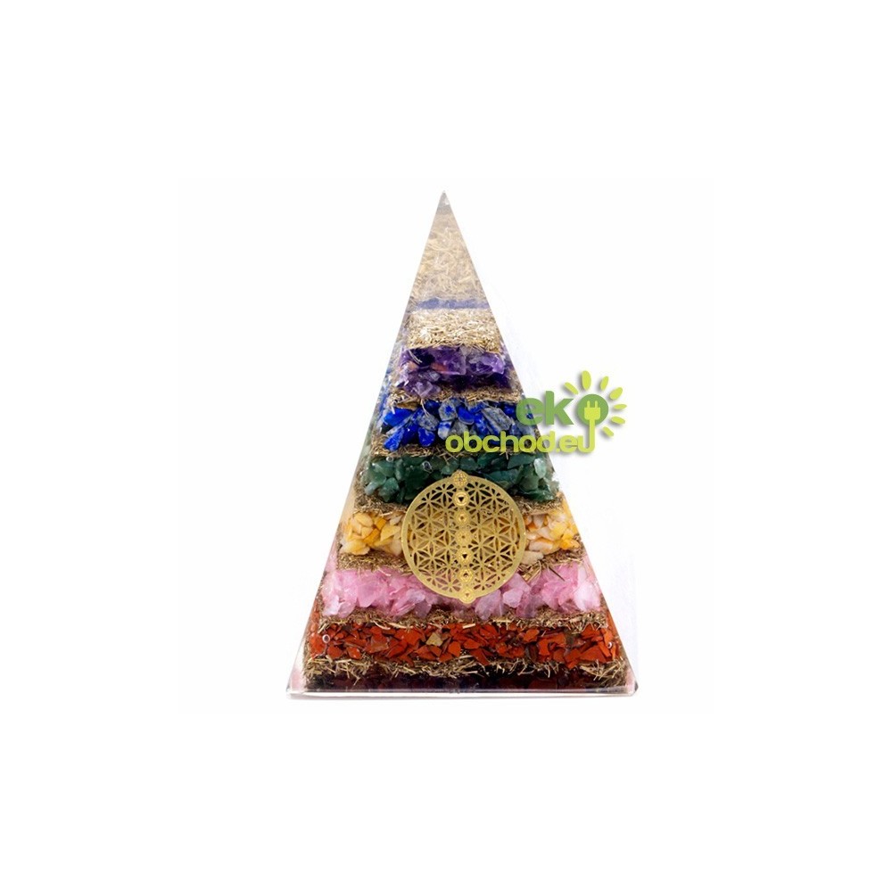 Orgonitová pyramída – Sedem Čakier s kvetom života - 15cm