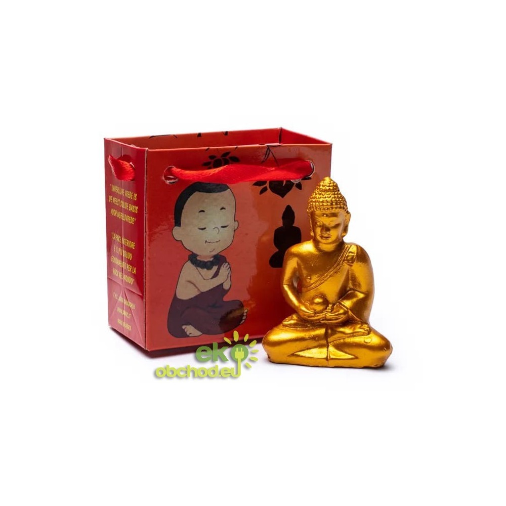 Zlatý meditujúci Buddha v darčekovej taštičke