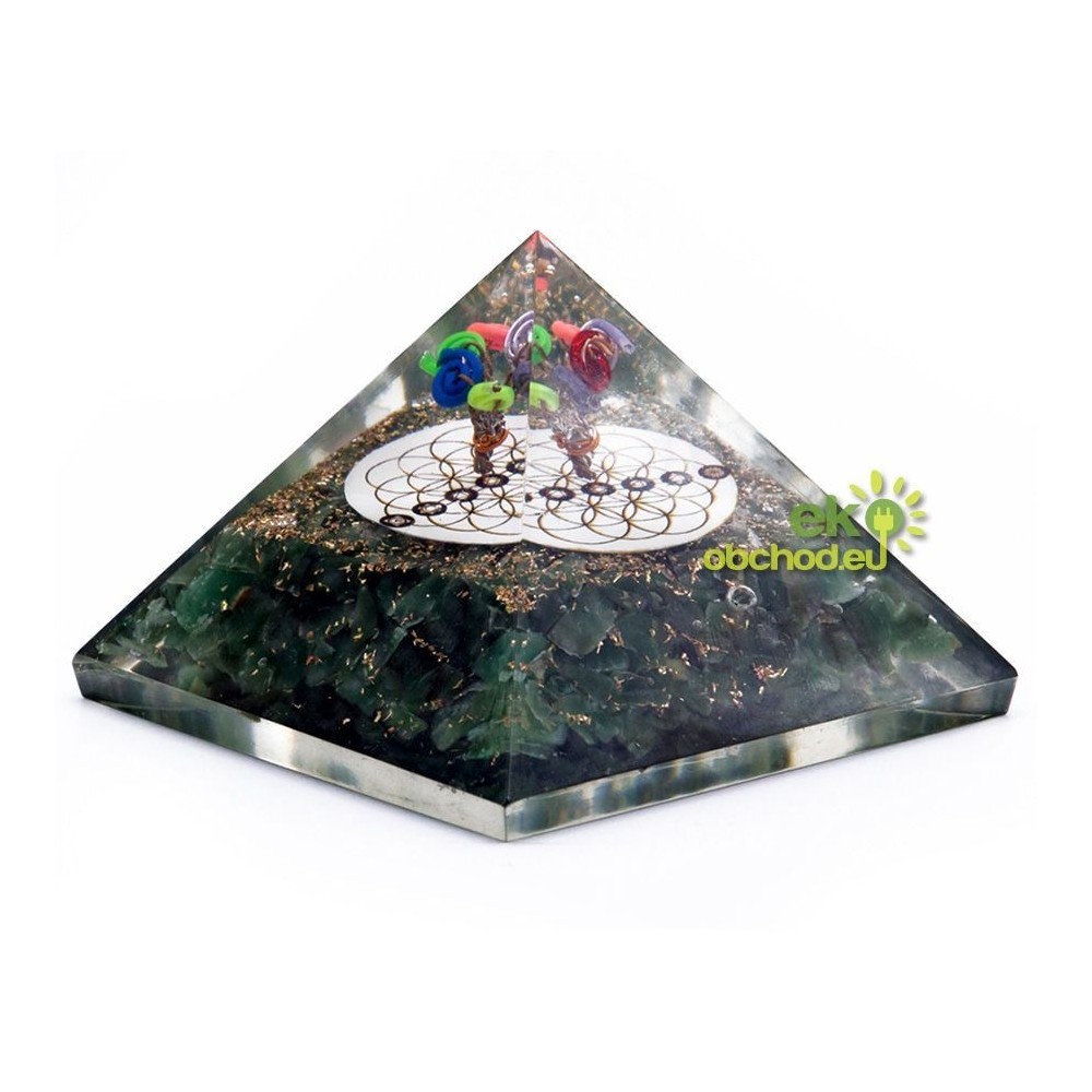 Orgonitová pyramída - Zelený Aventurín a Kvet Života - 70 mm