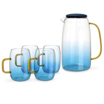 Sklenený džbán na vodu 1550ml so 4 pohármi 300ml - modrá