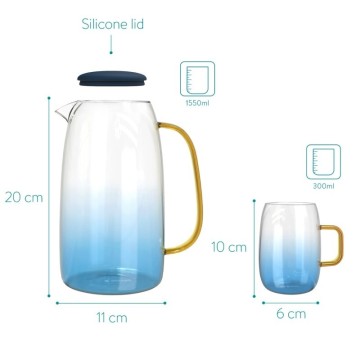 Sklenený džbán na vodu 1550ml so 4 pohármi 300ml - modrá
